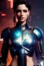 Placeholder: Cyborg warrior, waist up portrait, 8k resolution, intricate details, ornate details, soft lighting, vibrant colors, retroanime, masterpiece, intricate eyeliner, dark eyeshadow, eyes, wild blue hair, intricate tattoos, jungle background,
