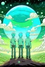 Placeholder: make me an illustration of 3 man looking at the sky looking at their backs meeting again after not seeing each other for a long time in a rick and morty cartoon style