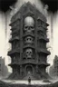Placeholder: A building with a Indian fathers on and with computer chips and a smoke in the background dark a thin line draw ، front view camera, decayed and rotting with grotesque proportions and imagery. surreal horror, biomechanical design, by hr giger and beksinski , fine lines draw
