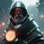 Placeholder: Epic Character design, strong Male space soldier wearing metal armor black, mist, photorealistic, octane render, unreal engine 5 style, ultra detailed, volumetric lighting, Dark Alien planet, old man with helmet scarred face with beard