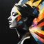Placeholder: a woman's profile in black superimposed on a small limited abstract geometric sunlight on a black background, professional digital painting, large ribbons painted with vibrant watercolor paint made with short wide brushstrokes