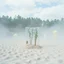 Placeholder: A photo of a closed environment in a closed space. In the background there is a forest. Più piani si intersecano. At the center, a structure made of plastic. Plants, clouds. Max Ernst. The surface below appears to be sandy, with small accumulations of sand, scorrere dell'infinito. Fog, powder. In the background, other forms or structures are visible, pastel colors, yellow. The photo was taken with a Hasselblad H6D 400c camera.