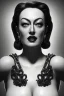 Placeholder: Joan Crawford as evil queen in black leather, busty, cleavage, dominatrix, curvy, angry, stern look. unreal 5, octane render, cinema4d, dynamic lighting, dramatic lighting, 4k, redshift render, highly detailed, hyper realistic,anthropomorphic