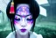 Placeholder: japan head portrait,geisha makeup, meditation, galaxy sky, 8k quality , portrait,beautiful ghost in the shell , post-apocalyptic in a sin city, realistic, intriacte detail, sci-fi fantasy style, volumetric lighting,24mm , particales,highly detailed,cinematic, deep purple , green eyes ., unity engine, bloom,cinematic lighting,blue tone, octane render,