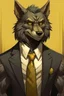 Placeholder: Buff, anthro, wolf, himbo, black fur, gold eyes, wearing a suit