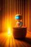 Placeholder: cute chat robot sitting in a barrell in the narrow walled sauna, its such a perfect day i am glad i spent it with you, motion blur, smoke, 4k, downlight, soft light, depth of field, photorealism, trending on art station