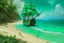 Placeholder: A bluish green beach with a pirate ship painted by Claude Monet