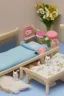 Placeholder: Sylvanian family cat and kitten hospital, hospital furniture, charts on beds, flowers in a vase on a table next to a bed