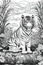 Placeholder: Outline art, tiger in the garden, cartoon style, black and white, low detail, no shading, --ar 9:11