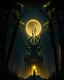 Placeholder: A dark forest at night beneath a crescent moon. A secret temple, in front, a huge golden statue of a demon idol.