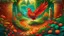 Placeholder: Magical slavic garden with lush greenery and a beautiful stone winding path. There is only one creature the Firebird. The feathers of the Firebird are vibrant red, orange, and gold, each one glowing with an otherworldly brilliance.