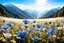 Placeholder: beautiful field with amazing blue poppy of Japan, white or blue light effects colors, magic sun with sun’s rays, realistic, magnificent blue poppies , very detailed, white or blue mountains in the background, high contrast, 8k, high definition, realistic, concept art, sharp focus