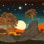 Placeholder: Colourful, peaceful, Egon Schiele, Max Ernst, silver rust gradient, night sky filled with galaxies and stars, rocks, trees, flowers, one-line drawing, sharp focus, 8k, deep 3d field, intricate, ornate