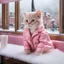 Placeholder: Pastel pink baby cat wearing glitter pink jacket sitting in a cafe , pink luxury cafe theme , window open with a london snowy view, realistic art, highly detailed , snow falling, shot with Sony Alpha a9 Il and Sony FE 200-600mm f/5.6-6.3 G OSS lens, natural ligh, hyper realistic photograph, ultra detailed -ar 1:1 —q 2 -s 75