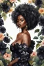 Placeholder: Create an watercolor image of a curvy black female wearing a black off the shoulder blouse and she is looking down with Prominent makeup. Highly detailed tightly curly black afro. Background of large black flowers surrounding her