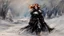 Placeholder: a warrior woman in black armor on the background of a cold snow-covered country, ice and crystal, frost and snow, oil and pastel, by Leonid Afremov & William Kentridge & Anna Razumovskaya