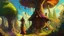 Placeholder: A slender, witchy woman in a flowing, colourful, wispy dress, holding a long, twisted staff, standing outside a gnarly, ancient, large mushroom house built into a tree, surrounded by lush, vibrant, Pandora-like woodland, on a bright, sunny day, with warm, golden light.