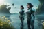 Placeholder: young woman in an android suit with dark hair, standing on the shore of an alien sea. Floating forests with dandelion tops in the distance