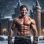 Placeholder: Hyper realistic Extremely Handsome shirtless muscular king smiling & Standing outside huge castle at dark & heavy snowfall night