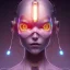 Placeholder: lumen lighting, led lights, <hanging wires> many wires connected to the head<perfect pupil> <cyborg> <garage> <sci-fi futuristic>