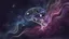 Placeholder: abstract 2d digital art graphic and ink montage,. galaxy in background with nebulas, pale silver gray human nervous system with fade little lights , dark purple, white-dark blue-pale gray and black colors, stunning composition with strange surreal vibe, emotional, abstractions, neurodivergens soul and mind, cinematic, thriller, four little human dark shilouette floatings in universum