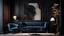 Placeholder: Blue sofa and armchair against black paneling wall. Art deco home interior design of modern living room.