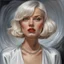 Placeholder: Portrait of a beautiful modern young woman, nice glossy dark red zipped lips, bob cut blonde-silver hair flowing like water, wearing jewelries, white designer dress, standing, masterpiece, hyper realistic, highly detailed, oil painting by Al Feldstein and Phillipp Weber