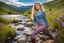 Placeholder: country side ,blue sky , mountains, pretty clouds ,small rocky river with clear water small rocks in floor,wild flowers,beautiful 18 year old girl with ash blonde hair and blue eyes with her curvy hair down, wearing a long-sleeved woollen top, and lilac long leggings, with long red boots full body standing pose shot