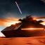 Placeholder: volumetric dramatic desert Battle scene with futuristic hovering military armored Hovercraft tank painted by chris foss,Laser turret, floating, hover, 4k, 8k, [hovercraft] Minutiae, highly detailed, render, rivets, hovering, stripes, sunset duststorm, nimbus clouds