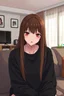 Placeholder: A portrait shot of a paranoid looking woman with long brown hair, red eyes, and pale skin; wearing a long-sleeved black sweatshirt; sitting on a couch; modern living room setting during the day; semi-realistic anime style, pay attention to details