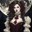 Placeholder: A mysterious and alluring vampire with pale skin, blood-red lips, sharp fangs, dressed in elegant Victorian attire, standing in front of a full moon backdrop.