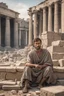 Placeholder: A Roman citizen of the third century, a 30-35-year-old man with kind eyes and a slight smile in poor clothes with a cross around his neck, sits on stones and writes on a papyrus scroll. He is sitting against the background of the ruins of Rome, against the background of the temple of Athena. High-quality 8K image in watercolor technique