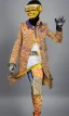 Placeholder: Camouflage colors are terracotta, cream and purple, lilac and Cream latex! European daft punk woman. Mantle is sewed of recycled Denim and sewed together of recycled polymer felt. Yellow(Munsell) areas. hint of orange as effect color!!Big bright purple/khaki felt tippet and cream or blue or lilac colored-hood. mantle is merged with satchel. . AKG-style headphones (gold rings!) is merged with small felt cap with small visor. Style: Haute Couture in 1998