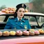 Placeholder: [psychedelic movie by Wes Anderson] Kat Dennings as a policewoman in a car with donuts, vintage 1970's photo