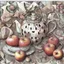 Placeholder: Watercolour and ink patchwork in the style of Jamie Heiden, Walter Crane, Yayoi Kusama, Ivan Shiskin, John Atkinson Grimshaw: zentangle cute whimsical watercolor Still life with apples on a porcelain plate and a teapot crisp quality, ultra detailed, elegant, fantastical, surreal, watercolor and pen, beautiful high definition fine 3D line art, white and grey and red dreamy colours, extremely detailed, intricate, elaborate, HDR, award winning, expressionism, fantastic view, ethereal, fantasy, unsi