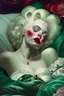 Placeholder: sleeping beauty style portrait of Marylin Monroe in a deep sleep in her royal deathbed waiting for a kiss to awake her lying on her back, grasping a rose on her breast, wearing a green puff sleeve off shoulder corset embrioided with ruby and trimmed with white sheer