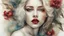 Placeholder: old canvas with worn torn folded edges and holes, cracks, heavily grained, broken lens effect, Iris wreath portrait Blonde woman, red lips, back tattoo, Alcohol ink, Hyperdetail, Anna Razumovskaya, Anna Dittmann, Luis Royo