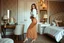Placeholder: very beautiful sexy lady with beautful cream brown midi skirt and blouse standing in a luxury bedroom with high heels next to makeup desk looking to camera