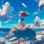 Placeholder: A girl is sitting on the edge of the rocks by the seashore and is meditating. The sky is blue with beautiful clouds and seagulls flying, digital art, anime, 4k, full details