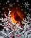 Placeholder: Create the silhouette of a cardinal in containing Double Exposure, a frosted berry woodland at sunrise; delicate branches form feather patterns, soft crimson highlights against snow-white textures, refined Christmas elegance. Background is black with many large snowflakes.