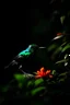 Placeholder: Bird, black background, single flower, forest, deep depth of field,. vivid, light and shadow.