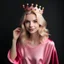 Placeholder: A beautiful woman with beautiful blond hair, wearing a modest velvet pajama, her hands are pink, and a crown is on her head.