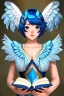 Placeholder: a human with blue short hair and blue wings in an assymetrical armor with geometric patterns and a book in hand