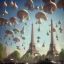 Placeholder: steam punk traffic jam in Paris 3D blender full lenght with white eiffel tower in the background and flying mushrooms in the sky by Dali