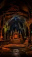 Placeholder: Bosch painting style , An amazing temple with a great religious status all around in un underground cave with dim lights