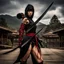 Placeholder: Behold the powerful alluring and pretty ninja woman, her body adorned with the traditional ninja costume and a dart, HDR, beautifully shot, hyperrealistic, sharp focus, 64 megapixels, perfect composition, high contrast, cinematic, atmospheric, moody