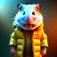 Placeholder: Hamster toddler, steampunk headphone, sunglass, gangsta neckless, full body, yellow puffer jacket, tokio background, dramatic lighting, hyper realistic, unreal engine 5, 16k