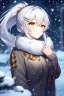 Placeholder: girl, masterpiece, best quality, cinematic lighting, detailed outfit, perfect eyes, silver hair, long hair, vibrant golden eyes, ponytail, messy hair, snowing, winter outfit, hairclip, depth of field,