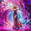 Placeholder: A goddess lady in modern dress dances in a vibrant, vibrating, color-rich 3D environment of metallic and crystal recursive geometric structures and an evolving ,Creative 3d fractal art, blurred bokeh effect,