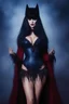 Placeholder: full body portrait - Elvira, Mistress of the dark - 32k, UHD, 1080p, 8 x 10, glossy professional quality digital photograph - dark blue and dark red, and light maroon and purple and foggy black gradated background, historic, powerful, octane rendering, exquisite detail, 30 - megapixel, 4k, 85 - mm - lens, sharp - focus, intricately - detailed, long exposure time, f8, ISO 100, shutter - speed 1125, diffuse - back - lighting, ((skin details, high detailed skin texture)), (((perfect face))),